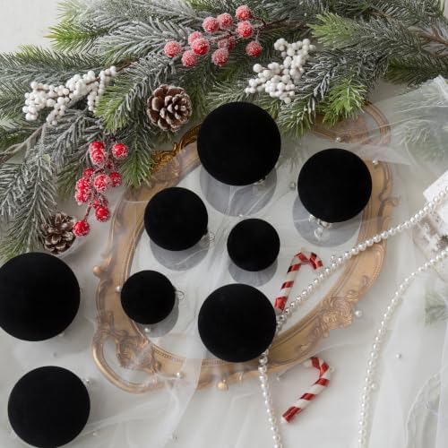 46Pcs Velvet Christmas Ball Ornaments Set - Flocked Shatterproof Christmas Tree Decorations Classic Hanging Ornaments with Rope for Xmas Wreath Holiday Home Decor (Multi-Size, Black) - Image 3