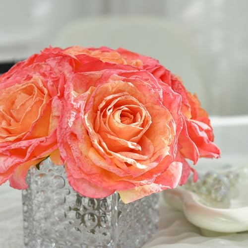 Silk Roses in Glass Vase with LED, Low Centerpiece for Table, Coral Pink - Image 6