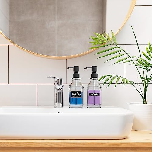 LMQML Soap Dispenser - 2 Pack, Antique Design Thick Glass Hand Soap Dispensers with Sturdy Tray; 304 Rust Proof Stainless Steel Black Pump, 12Pcs Stickers, for Kitchen, Bathroom - Image 7