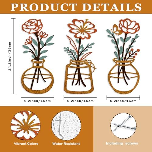 ARTINME 3 Pieces Metal Flowers Wall Arts - Rustic Farmhouse Decor Minimalist Flower Wall Decors for Living Room Bathroom Kitchen Bedroom Dining Room - Housewarming Gifts (Orange) - Image 2