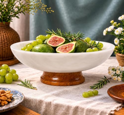 White Marble Fruit Bowl with Pedestal, 11" Large Decorative Centerpiece Bowl for Dining Table, Modern Kitchen Counter Fruit Bowl, Handcrafted Stone Marble Bowl, Luxury Home Decor Accent - Image 2