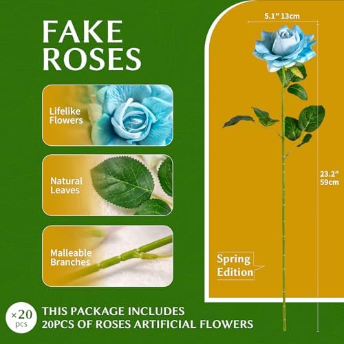 Artificial Flowers 23.2In Artificial Roses 20PCS Fake Roses Long Stem Artificial Flowers for Tall Vase Silk Rose Spring Suitable for Indoor Wedding Party Decor Valentine's Day DIY Bouquet,Blue - Image 2