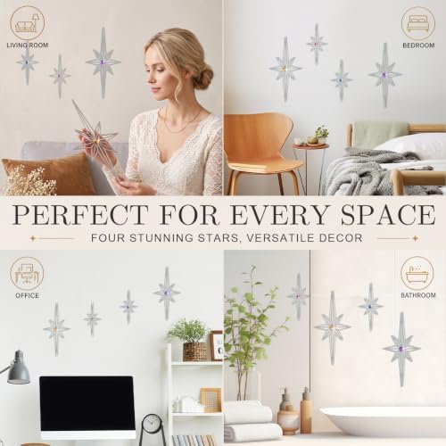 sxnzequnze 4 Pcs Star Wall Art for Home Decor Living Room Bedroom Office Metal 3D,Bling,with Hanging Hook Starburst Midcentury Sculpture Retro Gallery Accent Celestial -Silver 16.5in/9.4in - Image 5