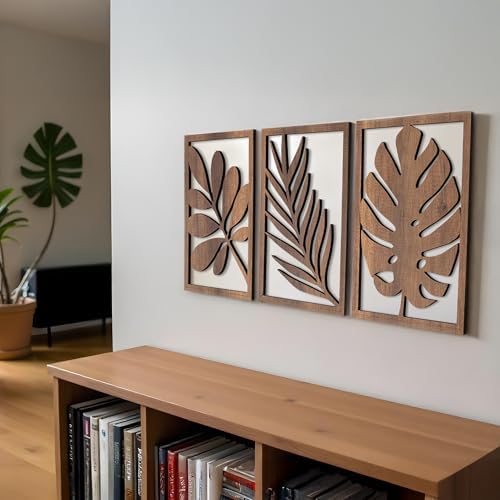 qmmp Modern Wooden Wall Sculptures - Set of 3 - Home Decor Accent - Large Wall Art for Living Room, Bedroom, Office - Easy Installation (Walnut, Medium - Tree Leaves) - Image 5