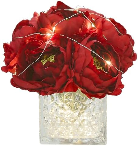 Artificial Peony Silk Flower Centerpieces with LED Light Faux Floral Arrangement in Glass Vase for Home Wedding Table Decoration (Dark Red) by GreenHouzz