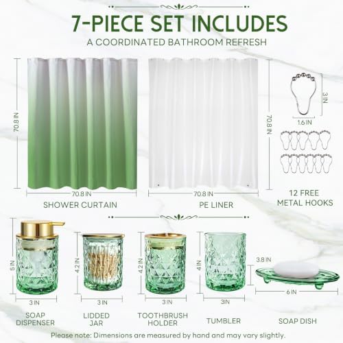 Green Bathroom Accessories Set with Shower Curtain and Liner, 7-Piece Bathroom Decor Set, Soap Dispenser, Toothbrush Holder, Soap Dish, Vanity Tray, Complete Bathroom Makeover Set - Image 2