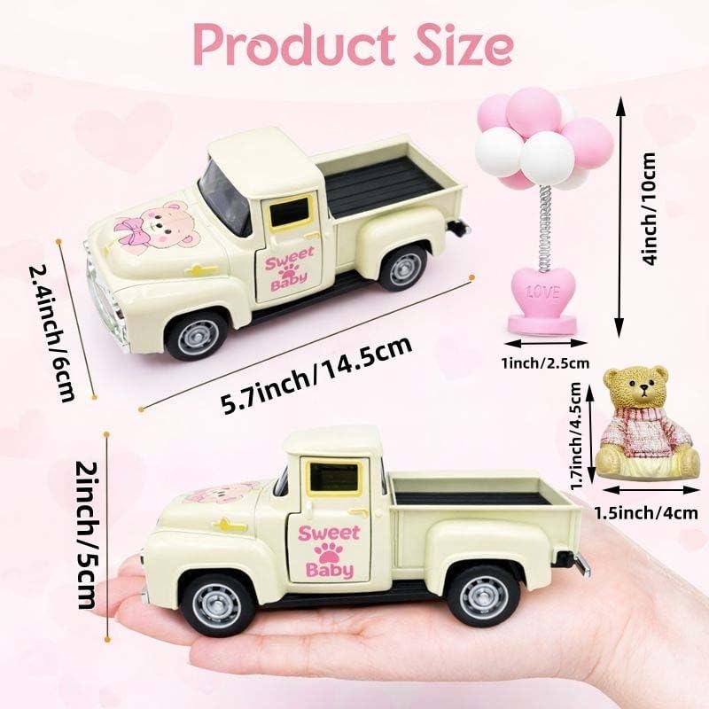 Mini Vintage Metal Truck Decor with Bear and Pink Balloons, 5.7 Inch Farmhouse Pickup Tabletop Decoration, Sweet Birthday Gift for Her, Daughter or Granddaughter, Nursery Shelf Desk and Room Decor - Image 3