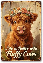Flower Crown Fluffy Highland Cow & Life Is Better With Fluffy Cows Quote, Rustproof Aluminum Vintage Wall Sign,Rustic Farmhouse Entryway Home Decor, Multipurpose Indoor Outdoor Hanging Plaque 8×12 Inch by Vintmark