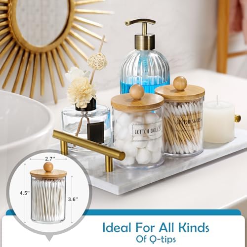 2 Pack Qtip Holder Dispenser with Bamboo Lids - 10 oz Clear Plastic Apothecary Jar Containers for Vanity Makeup Organizer Storage - Bathroom Accessories Set for Cotton Swab, Ball, Pads, Floss - Image 3