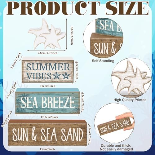 Yuntau 4 Pcs Summer Beach Decorations for Home Beach Tiered Tray Decor Starfish Coastal Rustic Starfish Wooden Block Table Sign Stacked Book Nautical Table Centerpiece for Farmhouse Office Desk Shelf - Image 3