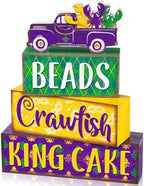 Marsui 4 Pcs Mardi Gras Decorations Mardi Gras Centerpieces Table Decorations Farmhouse Wooden Tabletop Blocks Sign for Home Party Rustic Tiered Tray Shelf Office Carnival Decor by Marsui