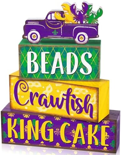 Marsui 4 Pcs Mardi Gras Decorations Mardi Gras Centerpieces Table Decorations Farmhouse Wooden Tabletop Blocks Sign for Home Party Rustic Tiered Tray Shelf Office Carnival Decor by Marsui