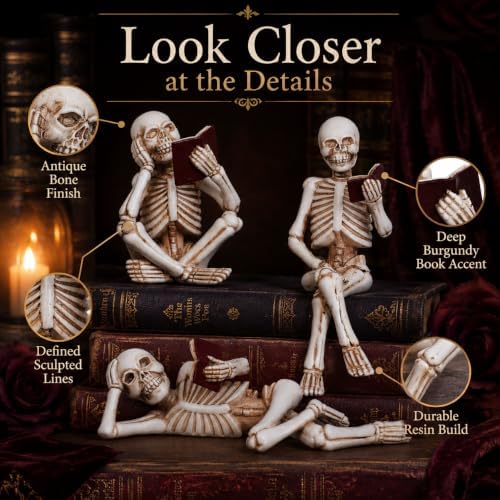 Dlfghos 3 Pieces Halloween Skeleton Statue Halloween Skull Figurine Home Decor Reading Skeleton Figurines Decorations for Indoor Fireplace Home Kitchen Desk Office Party - Image 5