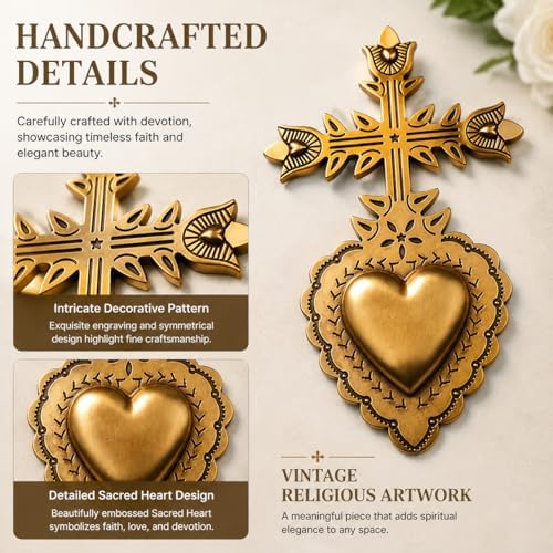 MVTDONT Sacred Heart Wall Cross, Antique Gold Decorative Wall Cross for Home Decor, Vintage Catholic Religious Cross Hanging, Christian Wall Art for Living Room Bedroom - Image 2