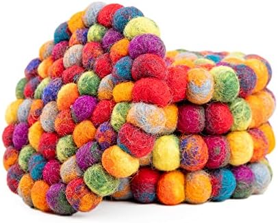 Round Felt Ball Coasters - Wool Table Coasters - Felt Coaster Pads, Absorbent Trivet for Drinks - Heat Resistant, Thick & Durable Hand Felted in Nepal by Woolygon- Multi-Color - Set of 5 by Woolygon