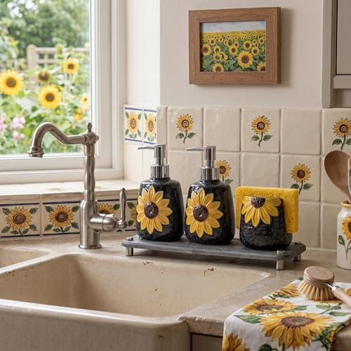 4 Pcs Sunflower Kitchen Decor Ceramic Soap Dispenser Set - Image 6