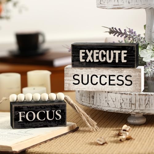 Yuntau 4 Pcs Motivational Desk Decor Wood Block Signs Focus Execute Success - Image 5