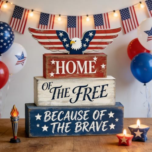 4th of July Table Decorations Patriotic Memorial Day Tiered Tray Decor Wooden Eagle Block Signs Independence Farmhouse 250th July Fouth Centerpiece for Tables Wooden Sign for Home Decor - Image 6