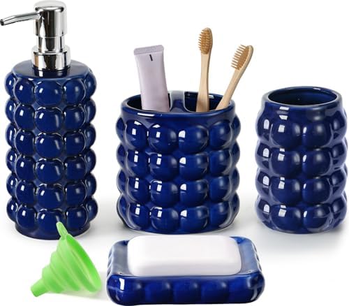 4 Piece Ceramic Bathroom Accessories Set –Soap Dispenser,Toothbrush Holder,Tumbler & Soap Dish,Includes Silicone Funnel,Non-Slip,Modern Farmhouse Countertop Organizer Set for Bathroom Decor, Navy Blue by foinly