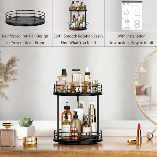 2-Tier Rotating Bathroom Countertop Organizer, Wooden Makeup Vanity Storage, Multifunctional Lazy Susan Turntable for Skincare, Perfume and Cosmetics (Black) - Image 6