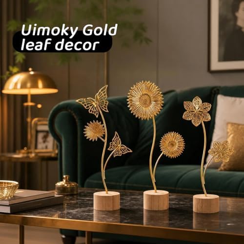 Gold Leaf Home Decor Set - Metal Leaves Statues, Modern Artistic Sculptures for Living Room, Office, Shelf & Home Decorative, Handmade 3D Botanical Accents (Summer Docor) - Image 2