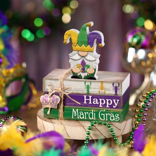 4 Pcs Mardi Gras Decorations Wooden Mardi Gras Table Centerpiece Crawfish Gnome Carnival Tiered Tray Decorations Mini Wooden Faux Books Stack Signs for Masquerade Office Tabletop Bookshelf - Image 3