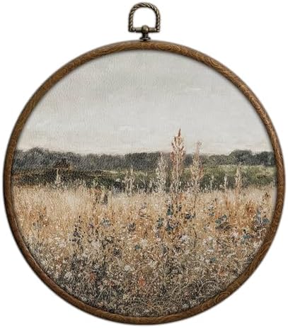 Round Wall Decoration, Vintage Floral Field Landscape Wall Art, Printed Canvas Wall Hanging for Bedroom Kitchen Home Office, Living Room Wall Art, Dorm Decor, Circular Wall Hanging with Hooks,21 by Unknown