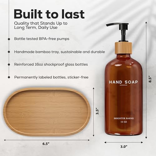 Amber Glass Soap and Lotion Dispenser Set with Tray by Brighter Barns - Hand Soap Dispenser Bathroom Set - Glass Bottles with Pump - Bamboo Home Accessories & Modern Bathroom Decor for Airbnb (Amber) - Image 3