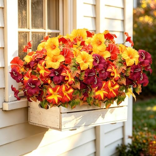 6 Bundles Artificial Fall Morning Glory Flowers for Outdoors, UV Resistant No Fade Fake Faux Fall Flowers with Maple Leaves for Thanksgiving Farmhouse Harvest Home Garden Patio Decor - Image 5