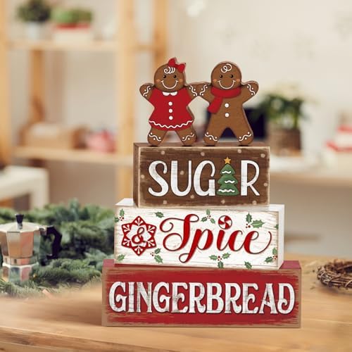 Marsui 4 Pcs Christmas Gingerbread Table Decorations Wooden Sign Blocks - Image 2