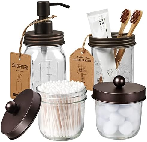 Amolliar Mason Jar Bathroom Accessories Set(4 Pack) -Bronze-Lotion Soap Dispenser&Qtip Holder Set&Toothbrush Holder-Rustic Farmhouse Decor Apothecary Jar Bathroom Countertop,Vanity Organize (Bronze) by Amolliar