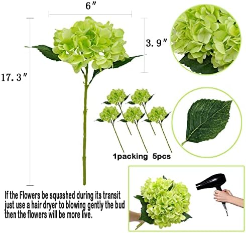 6Pcs 18" Green Silk Hydrangea Artificial Flowers - Image 2