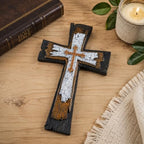 Rustic Layered Wall Cross Decor - 12 Inch Vintage Resin Hanging Crucifix with Gold Accents, Distressed Wood Style Decorative Cross with Keyhole Hanger for Home Altar, Living Room, or Religious Gift - Image 2