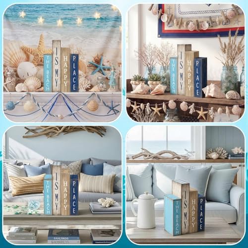 Lineshading 4 Pcs Summer Table Decoration Wooden Book Coastal Beach Sign - Image 5
