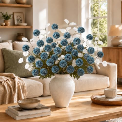 12Pcs Blue Faux Silk Mums Artificial Flowers Bulk with Eucalyptus Stems - Image 6