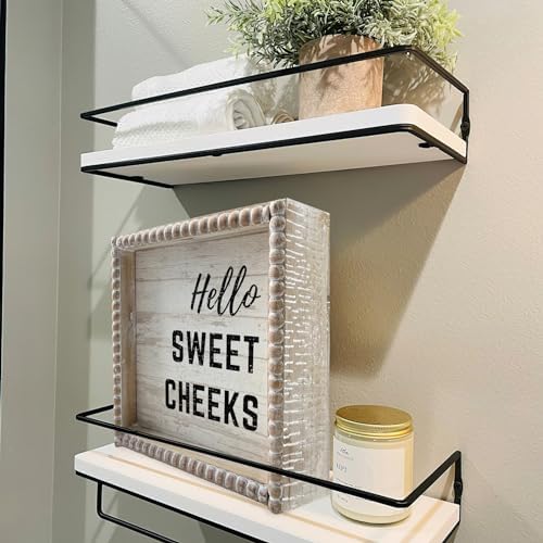 Boho Farmhouse Wooden Framed Bathroom Decor Signs, Funny Restroom Decorative Plaque Small Cute, Toilet Rules Shelf Decoration (Hello Sweet Cheeks) - Image 3