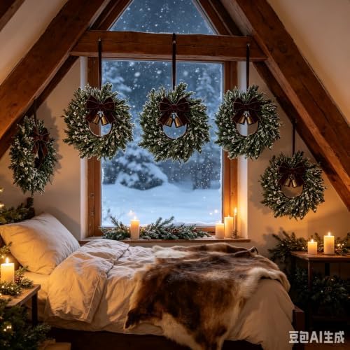 6 Pcs Small Christmas Hanging Wreaths Artificial Snow Flocked Cedar Wreaths with Brown Velvet Ribbon & Bronze Bells Mini Christmas Wreaths for Cabinet Porch Front Door Winter Xmas Holiday Decorations - Image 3