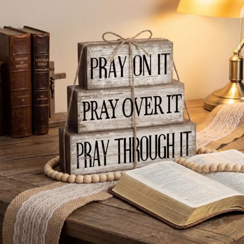 Yuntau 4 Pcs Christian Wooden Block Sign Pray Verse Tiered Tray Decor - Image 6