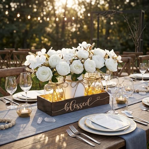 3 Pcs Mason Jar Table Centerpieces for Dining Room with Wood Tray&Led Light - Image 6