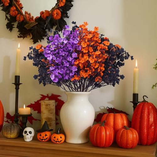 Uieke 6 Pcs Halloween Artificial Baby's Breath Flowers, Black & Purple & Orange Faux Gypsophila Flowers, Real Touch Silk Flowers for Cemetery Decor, Haunted House Party, Spooky Centerpieces - Image 6
