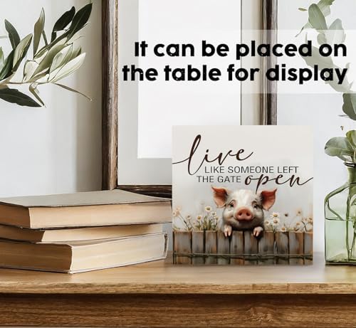 Pig Signs - Farm Cottagecore Animal Office Kitchen Bedroom Decor,Rustic Farmhouse Live like Someone Left the Gate Open Home Decor Wooden Signs,Pig Gifts for Women,8x8 - Image 3