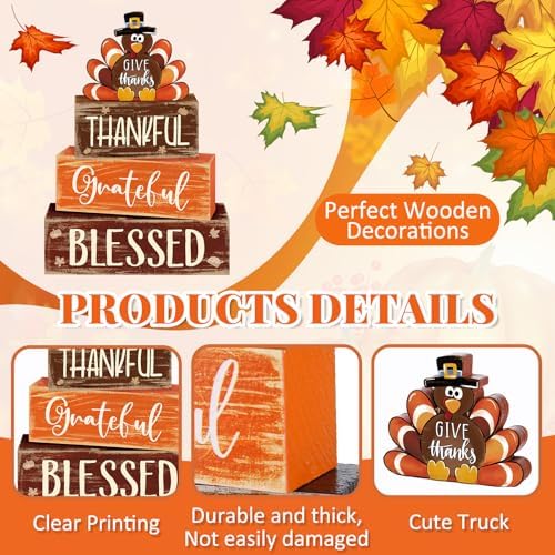 4 Pcs Thanksgiving Decor for Home Thankful Turkey Table Centerpiece Signs - Image 3