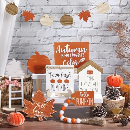 Reallnaive 18 Pcs Fall Tiered Tray Decor, Classic Vintage Pumpkin Signs - Image 5