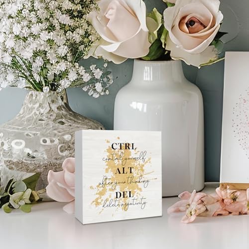 Ctrl Alt Del Office Motivational Gold Wooden Box Sign Desk Decor, Inspirational Decorative Signs for Office and Bedroom, Positive Home Shelf Desk Decoration 5x5 Inch - Image 5
