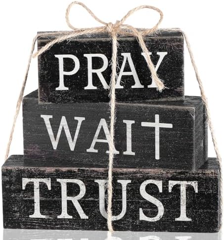 CroBlissful 4 Pcs Farmhouse Wooden Table Decor Christian Tiered Tray Decorations Rustic Religious Gift Block Sign Pray Wait Trust Table Centerpiece for Home Kitchen Living Room Shelf Mantle by CroBlissful