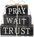 CroBlissful 4 Pcs Farmhouse Wooden Table Decor Christian Tiered Tray Decorations Rustic Religious Gift Block Sign Pray Wait Trust Table Centerpiece for Home Kitchen Living Room Shelf Mantle by CroBlissful