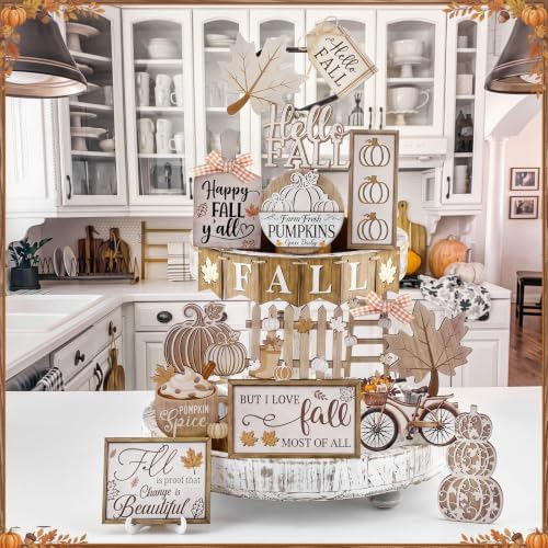 Shellwei 20 Pcs Fall Tiered Tray Decor Set, Neutral Autumn Pumpkin Sign - Image 5