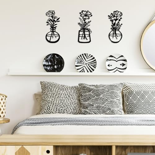 ARTINME 3 Pieces Metal Flowers Wall Arts - Rustic Farmhouse Decor Minimalist Flower Wall Decors for Living Room Bathroom Kitchen Bedroom Dining Room - Housewarming Gifts (Black) - Image 6