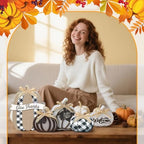 5 Pcs Hello Fall Pumpkin Home Decor Plaid Pumpkin Wooden Table Centerpiece - Image 5