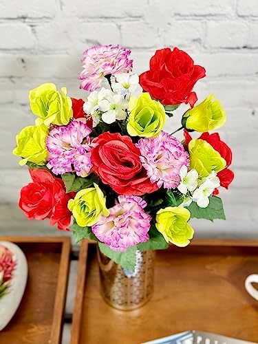 Admired By Nature 24 Stem Artificial Flowers Roses Carnation Blossom Mixed Bush Spring Faux Flower Indoor Wedding Home Decor, Cemetery Decorations for Grave, Red, Kiwi, Lavender - Image 2